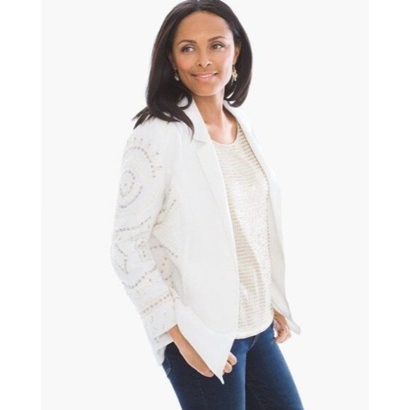 Chico's 3 White Linen Embellished Beach Occasion Event Travel Blazer Jacket - Picture 1 of 7